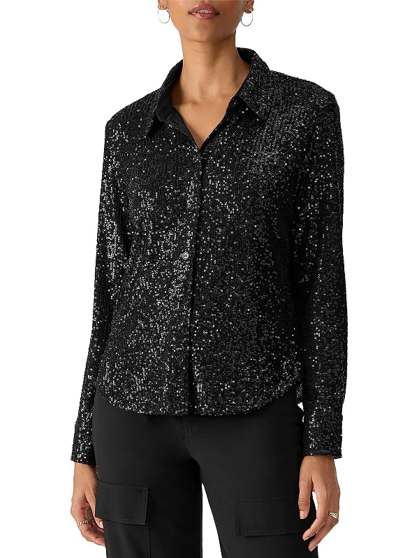 Womens Sequined Collared Button-Down Top Urban Sophistication