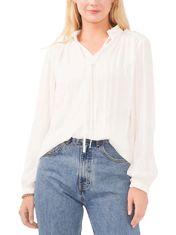 Womens Sheer Ruffle Split Neck Blouse Season Sale