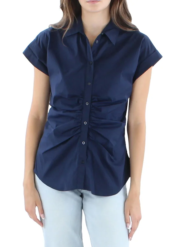 Womens Shirred Point-Collar Button-Down Top Durable Fashion Picks