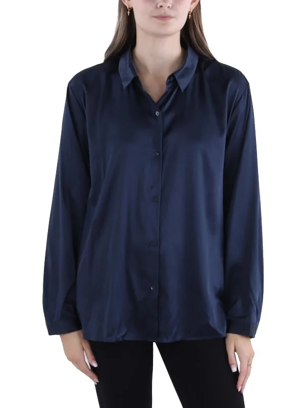 Womens Silk Classic Collar Button-Down Top Trendy Street Style Attire