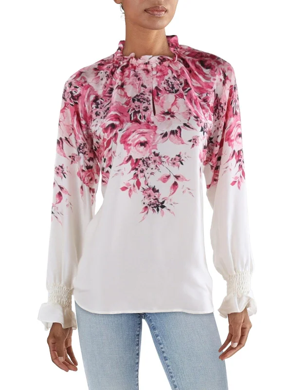 Womens Silk Ruffled Henley Trendy Urban Attire