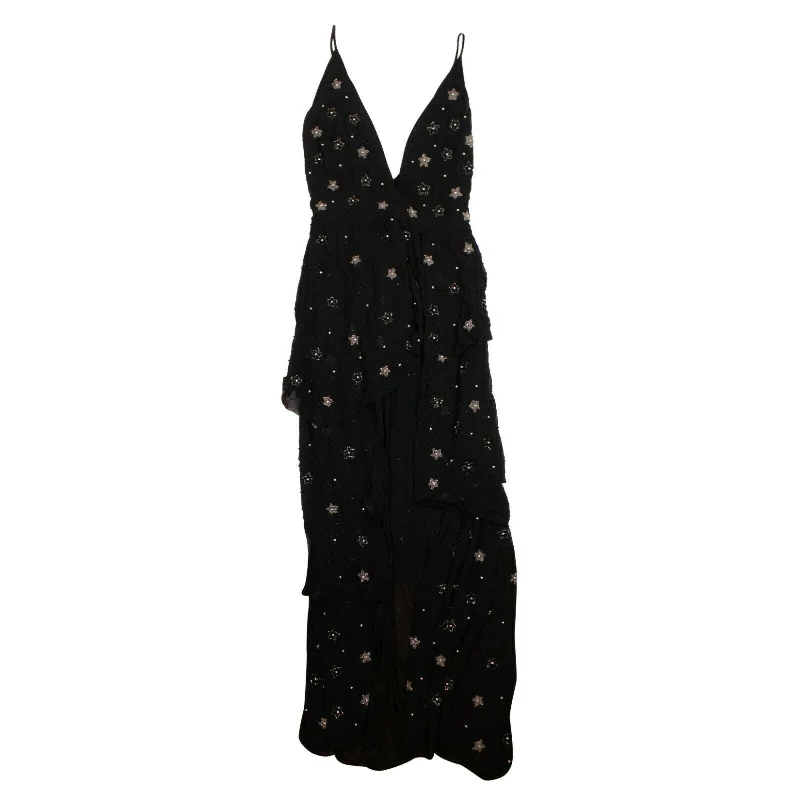 Women's Silk Star Beaded Asymmetric Long Dress -  Black Casual Chic