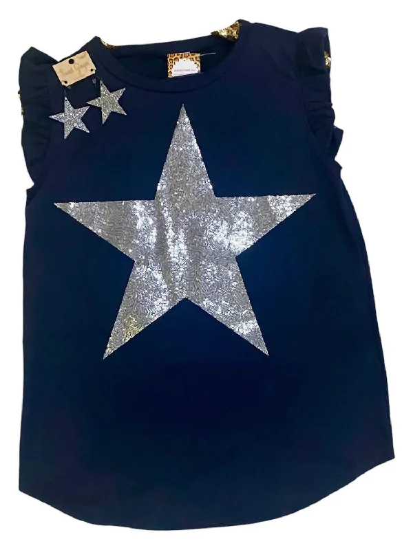 Women's Sleeveless With Sequin Star Top In Navy Art Deco Geometric Pattern Look