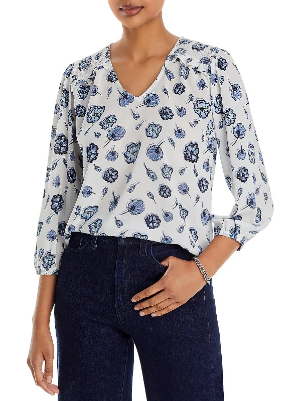 Womens Smocked Floral Print Blouse Minimalist Office - Ready Style