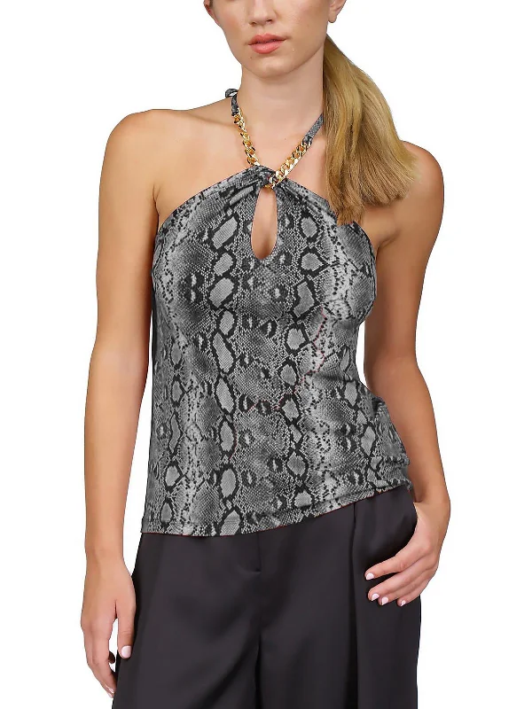 Womens Snakeskin Print Chain Neck Halter Top Trend Setting Wardrobe