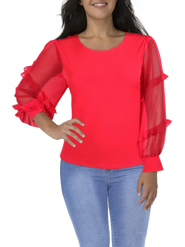 Womens Solid Ruffle-Sleeve Blouse Chic Everyday Wear