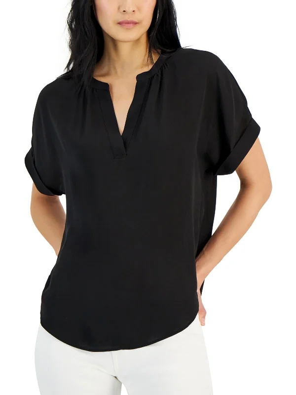 Womens Split Neck Cuff Sleeve Blouse Nordic Minimalist Home Look