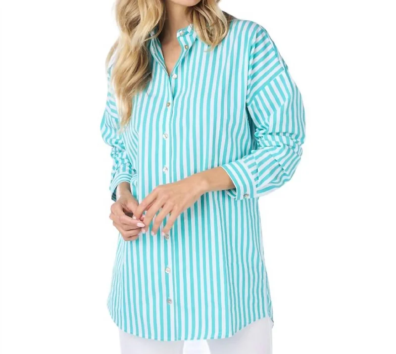 Women's Stripe Button Down Shirt In Off White/pool Blue Bold Fashion