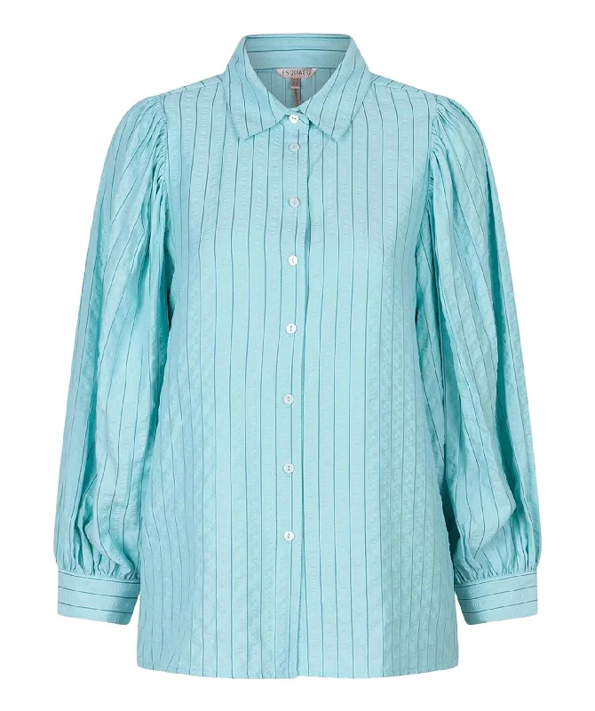 Women's Stripes Seersucker Button Down Shirt In Pool Blue Boho - Chic Festival - Ready Style