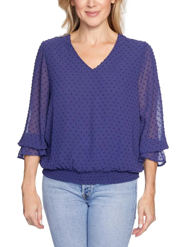 Womens Swiss Dot V Neck Blouse Seasonal Trend