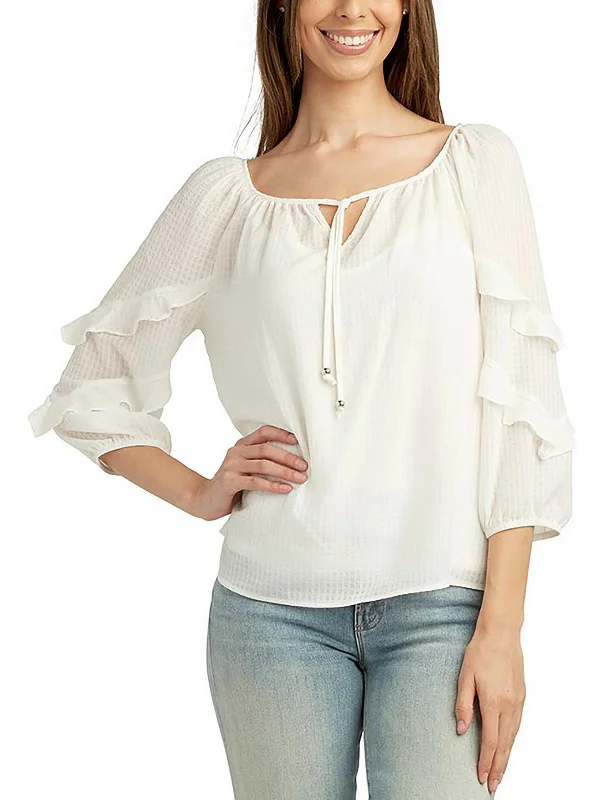 Womens Tie Neck Ruffled Blouse Feminine Soft - Hued Styles