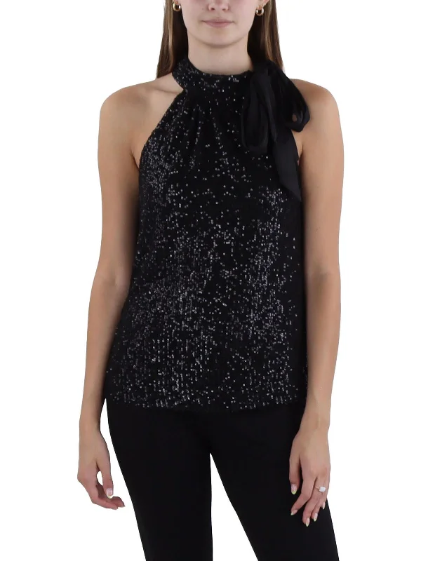 Womens Tie Neck Sequined Halter Top Luxury Comfort