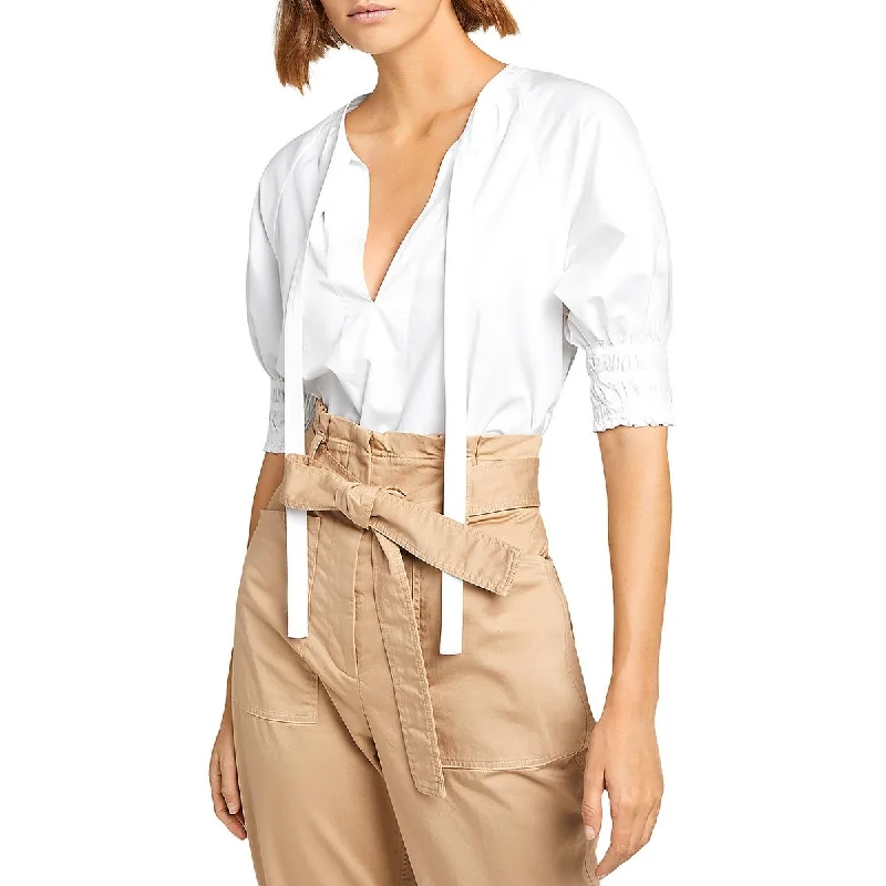 Womens Tie Neck Solid Blouse Chic Styles