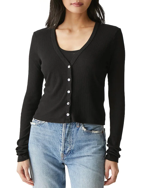 Womens V Neck Ribbed Button-Down Top Break Fashion Norms