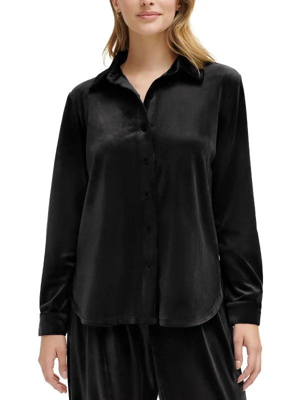 Womens Velour Collared Button-Down Top Fashion Essentials