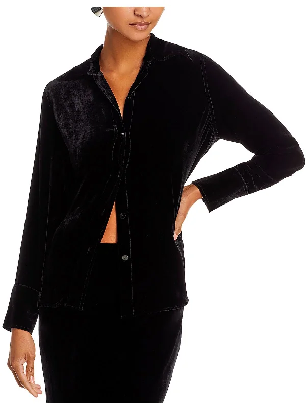 Womens Velvet Collared Button-Down Top Relaxed Style