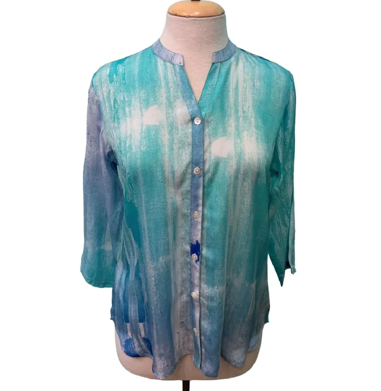 Women's Watercolor 3/4 Sleeve Mandarin Blouse In Turquoise Elegant Style