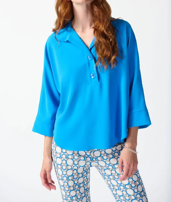 Woven Buttoned Collar Boxy Top In French Blue Bid Farewell To The Old Season