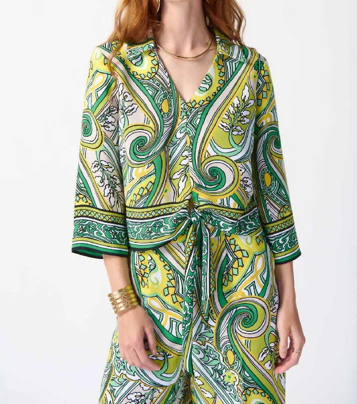 Woven Paisley Print Front Tie Top In Vanilla/island Green/multi Unleash Your Style