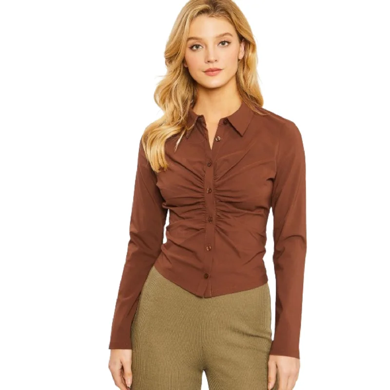 Woven Solid Ruched Front Long Sleeve Seasonal Trend