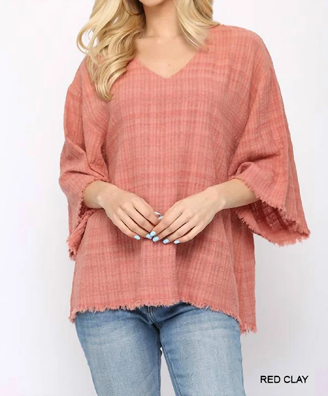 Woven V-Neck With Frayed Hem In Rose Clay Polished Finish