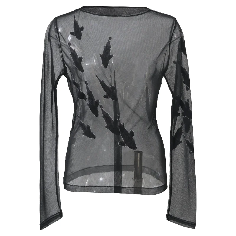 Yohji Yamamoto Fish Print Long-Sleeved Sheer Top in Black Nylon Cool Prices