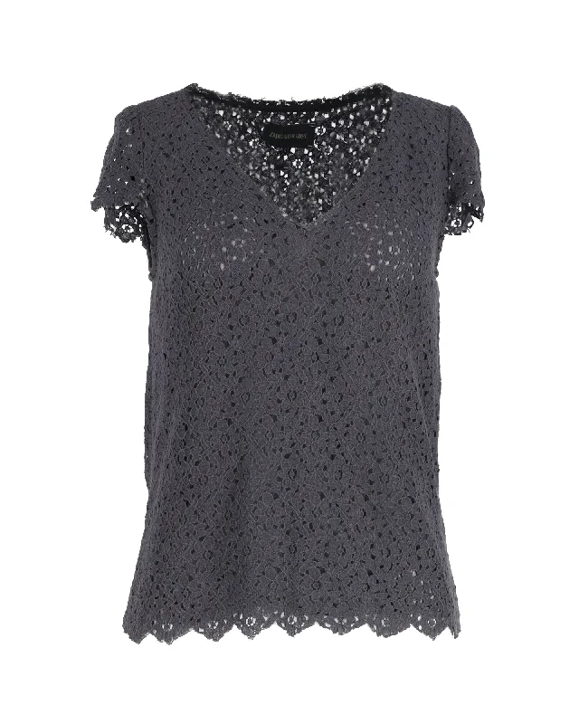 Zadig & Voltaire V-Neck Lace Top in Grey Cotton Summer Essentials