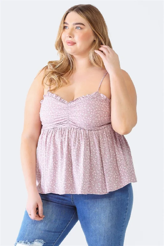 Zenobia Plus Size Frill Smocked Floral Sweetheart Neck Cami Elevate Your Wardrobe