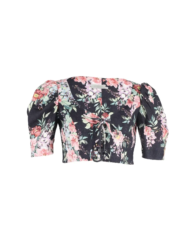 Zimmermann Bellitude Cropped Lace-up  Top in Floral Print Linen Vibrant Prints