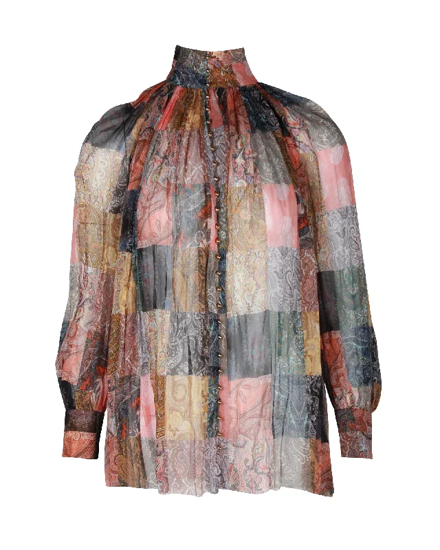 Zimmermann Ninety-Six Lattice-Trimmed Printed Blouse in Multicolor Linen And Silk-Blend Gauze Fashion Forward