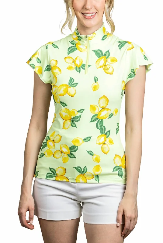 1/4 Zip Flutter Sleeve Sun Shirt In Lemon-Lime Cream Elegant Attire For The Modern Lady