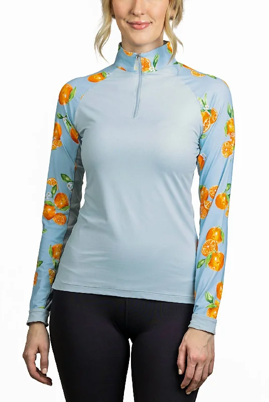 1/4 Zip Long Sleeve Sun Shirt In Light Blue Oranges Raglan Save Big