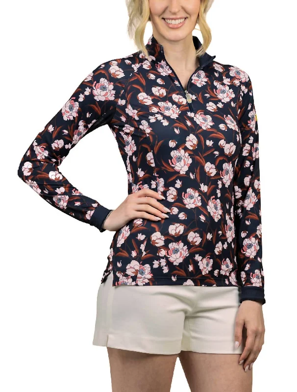 1/4 Zip Long Sleeve Sun Shirt In Navy Peonies Casual Chic