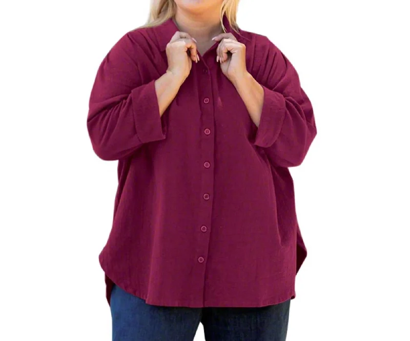 3/4 Sleeve Crinkle Cotton Long Sleeve Button Up - Plus In Oxblood Stylish Basics