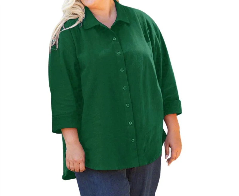 3/4 Sleeve Crinkle Cotton Long Sleeve Button Up - Plus In Wild Ivy Mega Sale