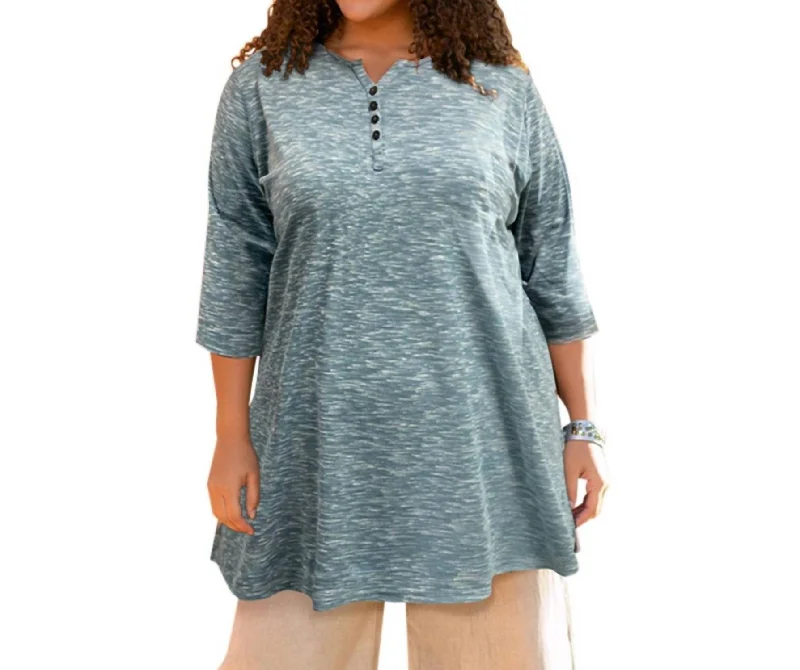 3/4 Sleeve Heartwood Henley Tee - Plus In Heathered Navy Bold Fashion