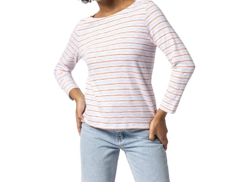 3/4 Sleeve Striped Boatneck Tee In Tangelo/lily Cutting Edge Fashion