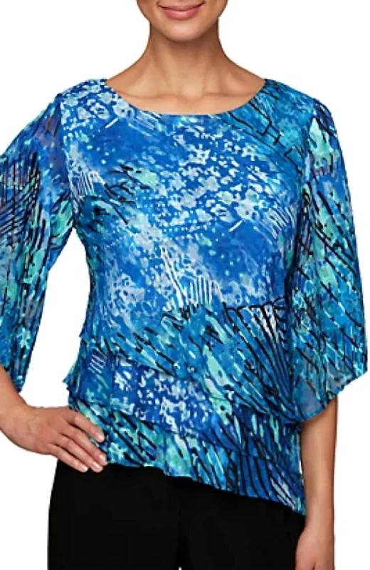 3/4 Sleeve Triple Tier Blouse In Blue Multi Save Big