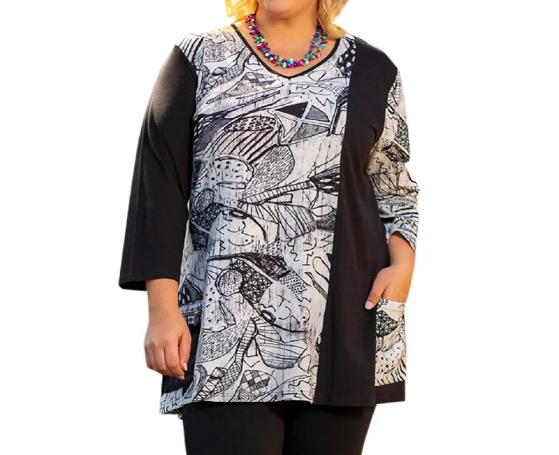 3/4 Sleeve V-Neck Helen Tunic - Plus In Artist Sketch Chic Wardrobe Essentials