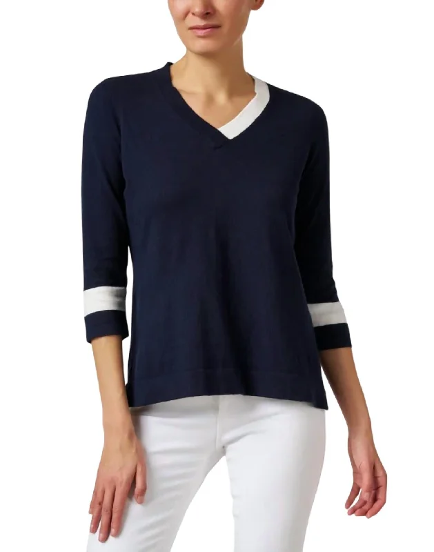 3/4 Sleeves Knit Top In Navy/white Trend Forward Women's Wear