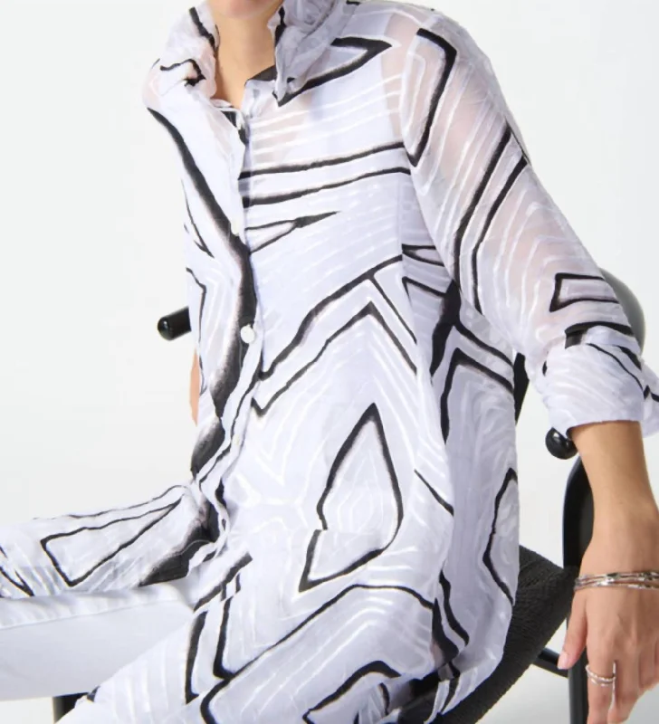 Abstract Print A Line Top In White/ Black Brand Name Clothing Discount Extravaganza