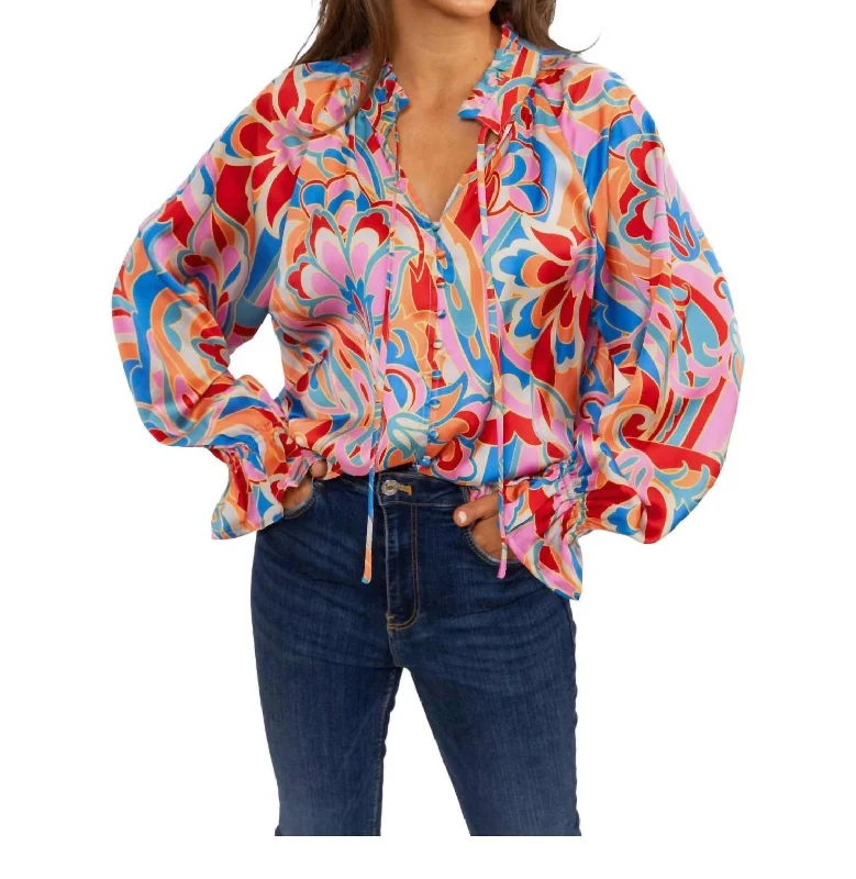 Abstract Satin Top In Pink Multi Anniversary Sale