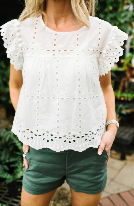 Babydoll Pom Pom Top In White Coastal Beach - Inspired Style