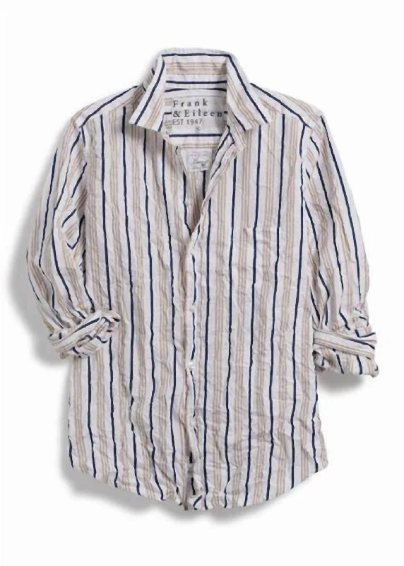 Barry Signature Crinkle Button Up Shirt In Navy Sand Double Stripe Bid Farewell To The Old Season