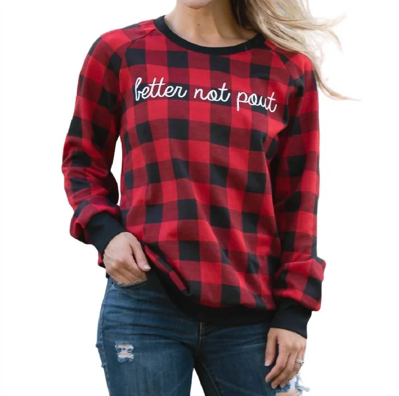 Better Not Pout Buffalo Plaid Sweatshirt In Red Pastel Styles