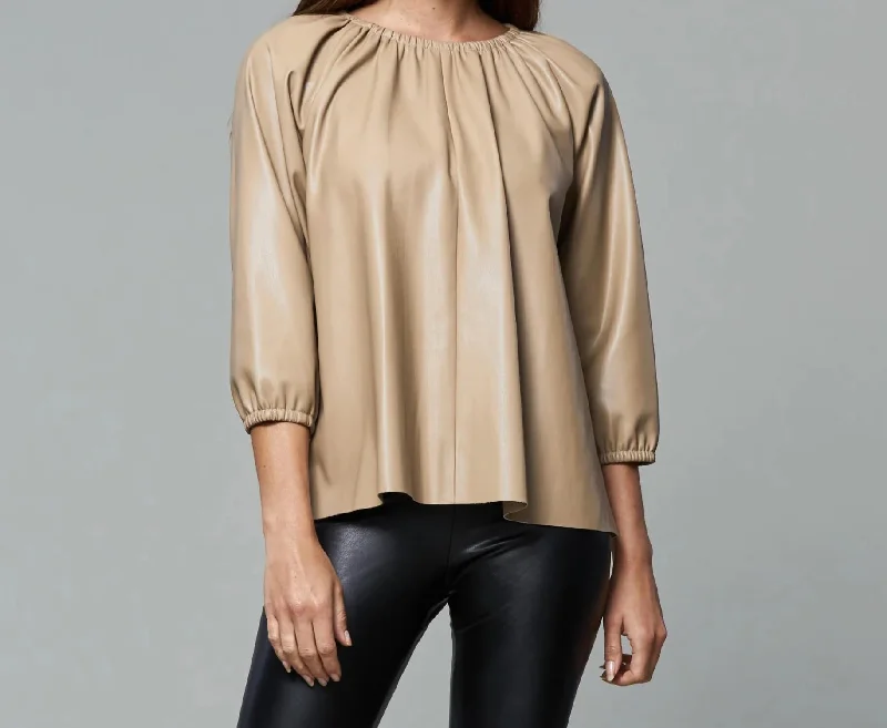 Blakely Faux Leather Puff Sleeve Top In Taupe Save Big