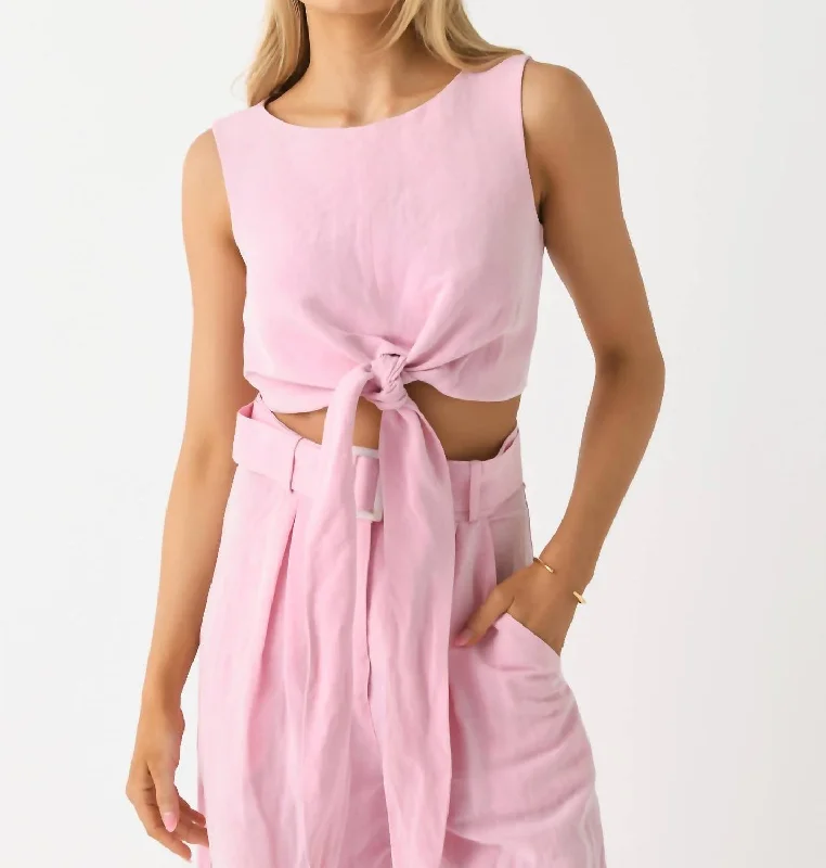 Boat Neck Sleeveless Wrap Top In Pink Viscose Linen Summer Essentials