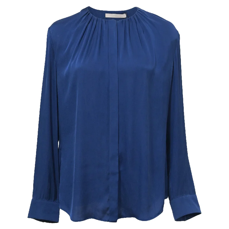 Boss Ruched-Neck Blouse in Blue Silk Classic Timeless Elegant Style