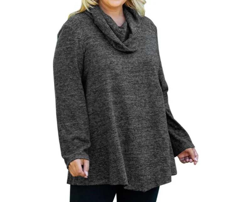 Brushed Hacci Cowl Long Sleeve Tunic - Plus In Heathered Black Modern Glamour