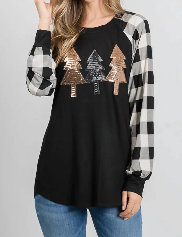 Buffalo Plaid Sequin Tree Top In Black Classic Women's Fashion